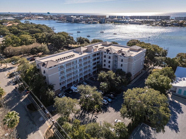 drone / aerial view with a water view