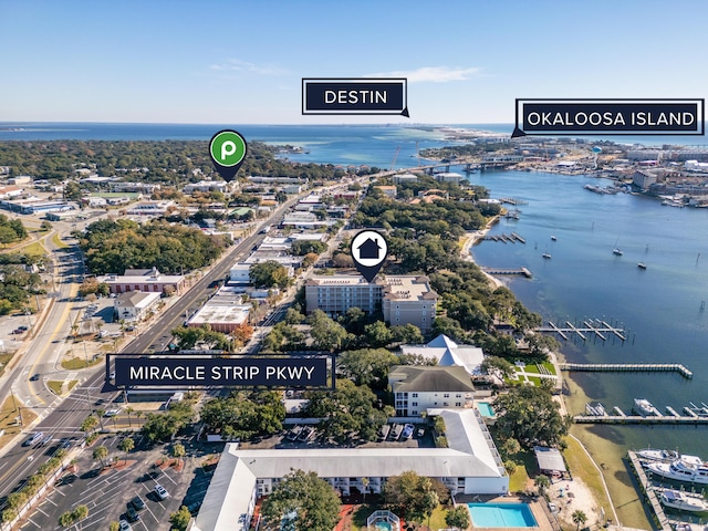 birds eye view of property featuring a water view