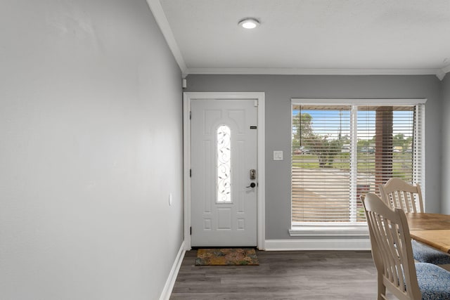 foyer with plenty of natural light, dark hardwood / wood-style flooring, and ornamental molding