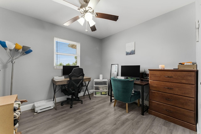 home office featuring light hardwood / wood-style flooring and ceiling fan