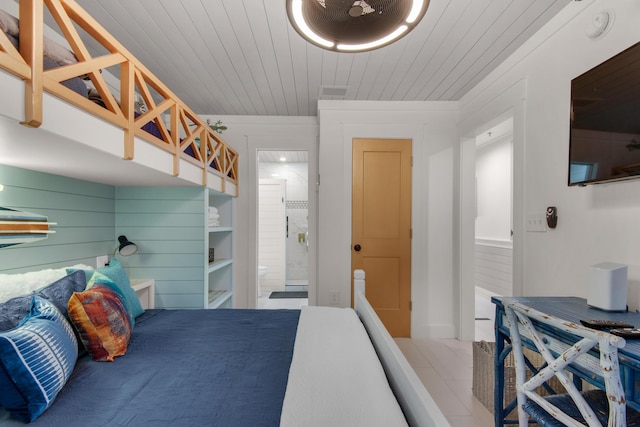 bedroom featuring wood ceiling, visible vents, and ensuite bathroom