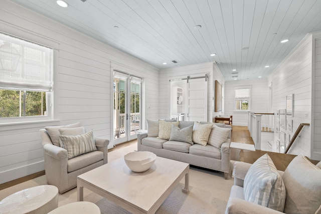 living room with wooden walls, a barn door, and a wealth of natural light