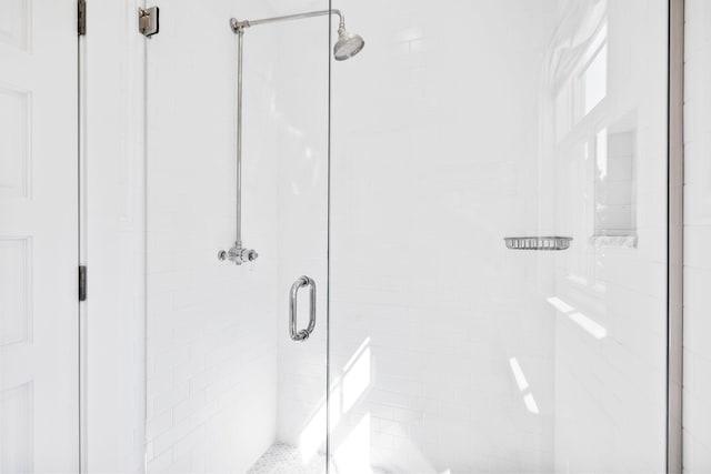 interior details with a shower with door