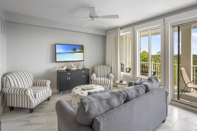 living room featuring ceiling fan