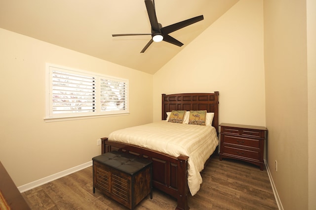 bedroom featuring high vaulted ceiling, ceiling fan, and dark wood-type flooring