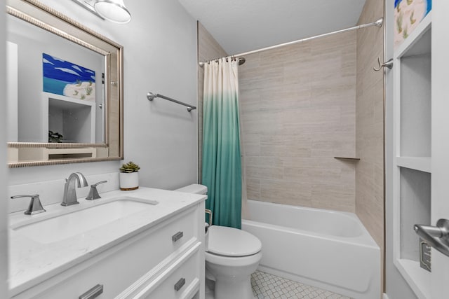 full bathroom featuring tile patterned floors, a textured ceiling, toilet, shower / tub combo with curtain, and vanity