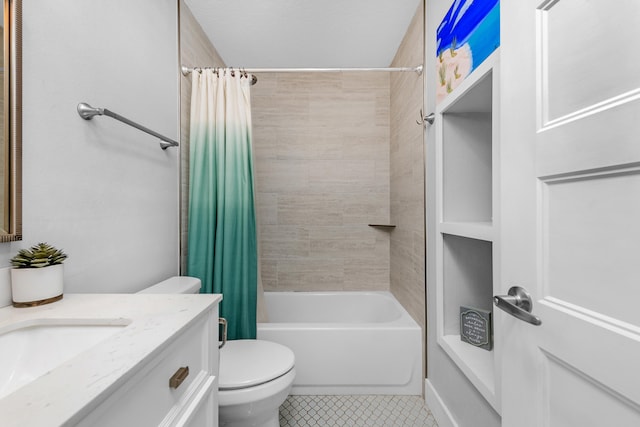 full bathroom featuring tile patterned flooring, shower / tub combo, vanity, and toilet