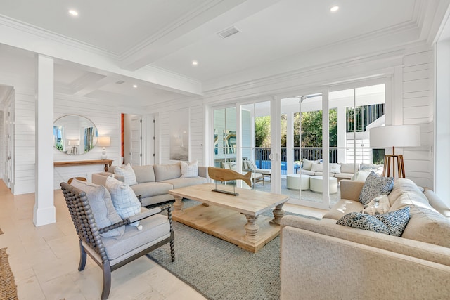 living room with beamed ceiling, coffered ceiling, crown molding, and french doors