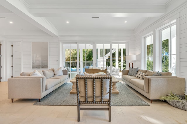 sunroom with beamed ceiling