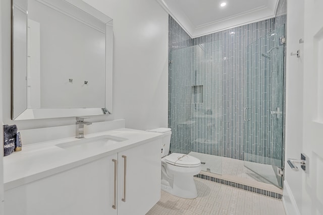 bathroom with tile patterned flooring, crown molding, an enclosed shower, toilet, and vanity