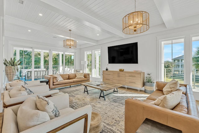 sunroom featuring a chandelier, beam ceiling, and plenty of natural light