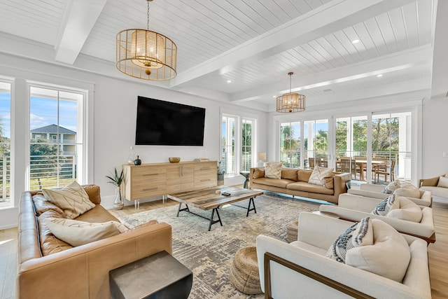 living room with a healthy amount of sunlight, a chandelier, and wood-type flooring