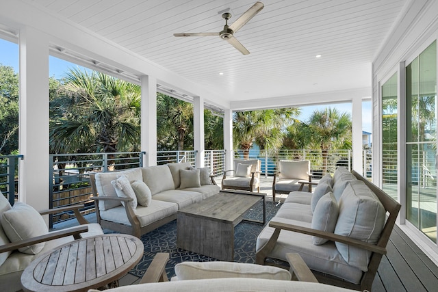 sunroom featuring ceiling fan and wood ceiling