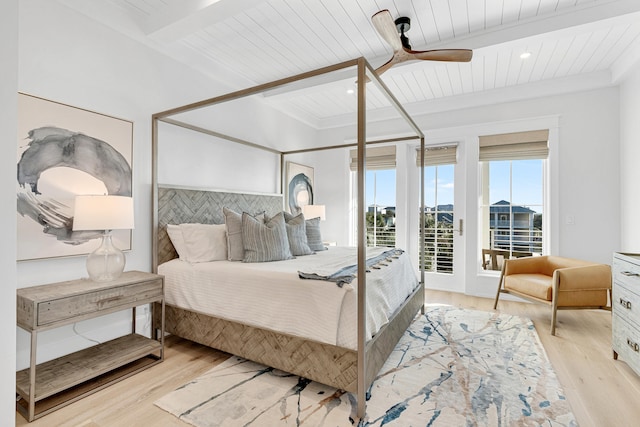 bedroom featuring access to exterior, ceiling fan, beam ceiling, wooden ceiling, and light hardwood / wood-style floors