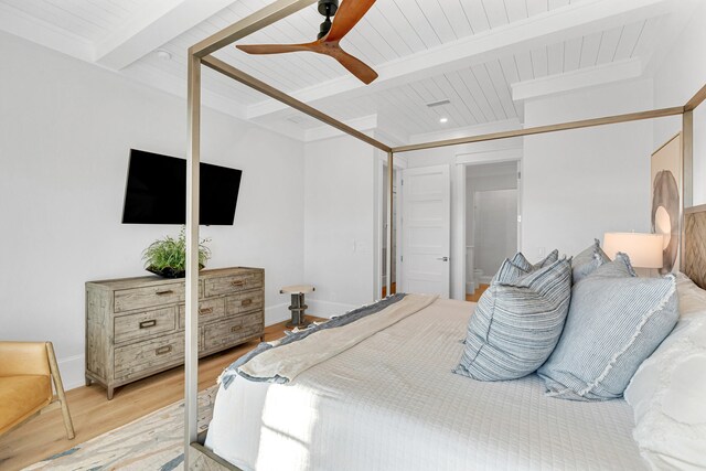 bedroom with ceiling fan, beamed ceiling, light hardwood / wood-style floors, and wooden ceiling