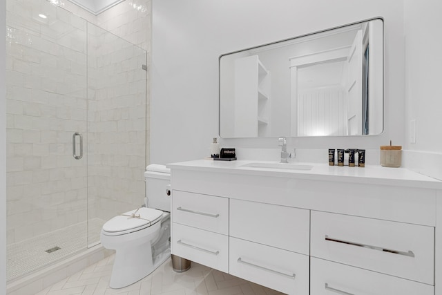 bathroom with tile patterned flooring, vanity, toilet, and an enclosed shower