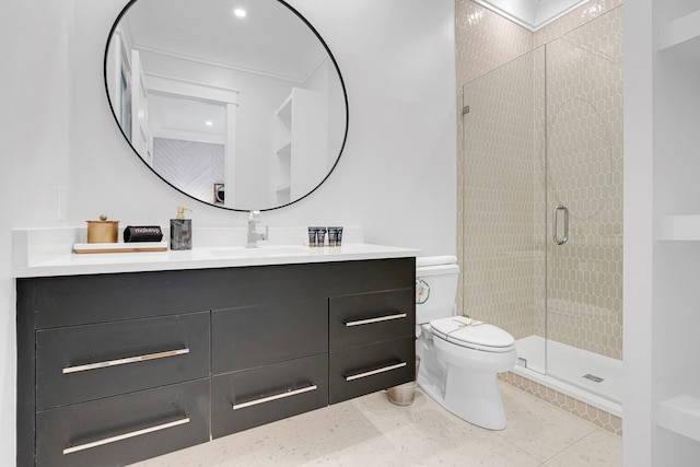 bathroom featuring vanity, tile patterned floors, crown molding, toilet, and a shower with shower door