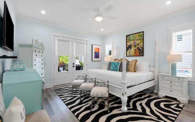 bedroom with ceiling fan, access to exterior, crown molding, and light hardwood / wood-style floors