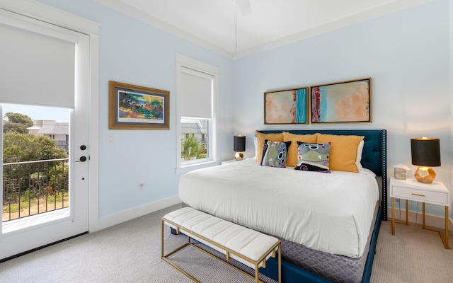 bedroom with light carpet, ceiling fan, access to outside, and multiple windows