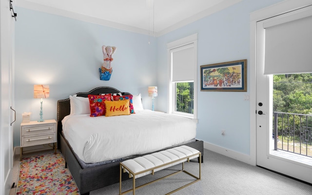 carpeted bedroom featuring access to exterior and multiple windows