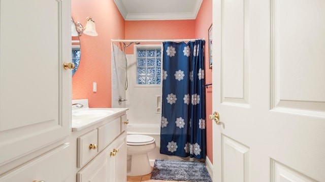 full bathroom with vanity, shower / bath combo with shower curtain, crown molding, tile patterned flooring, and toilet