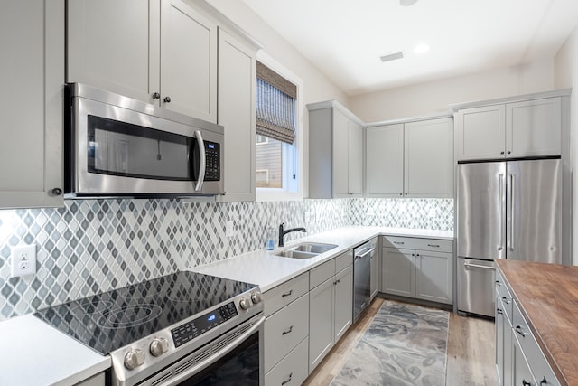 kitchen featuring wood counters, backsplash, sink, light wood-type flooring, and appliances with stainless steel finishes