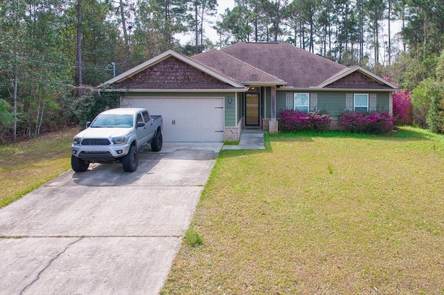 single story home featuring a garage, driveway, a front lawn, and a shingled roof