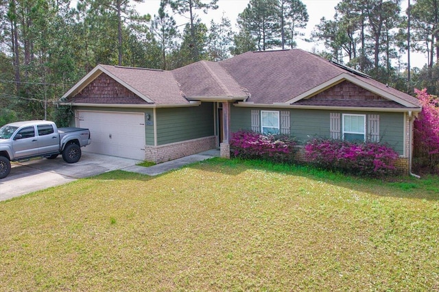 ranch-style house with a front lawn, concrete driveway, brick siding, and an attached garage