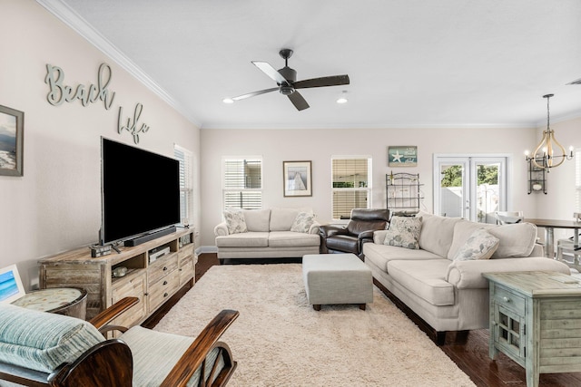 135 Grayling Way, Inlet Beach, FL 32461 - living room with dark wood-type flooring, ornamental molding, a chandelier, ceiling fan, and recessed lighting