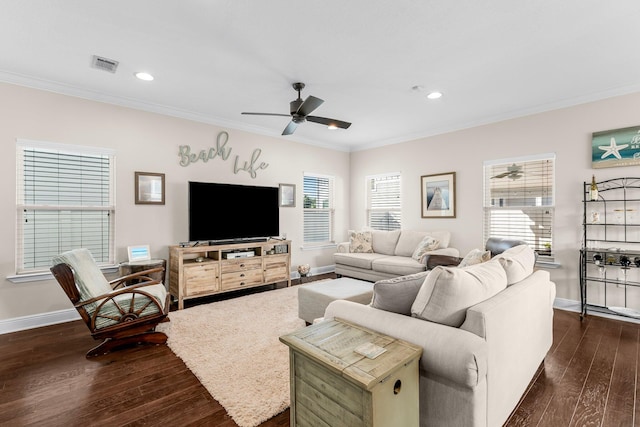 living room featuring crown molding, ceiling fan, and dark wood-type flooring