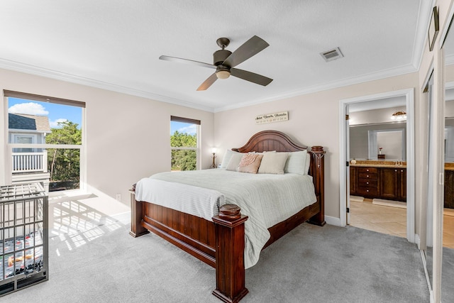 135 Grayling Way, Inlet Beach, FL 32461 - bedroom featuring multiple windows, light carpet, ornamental molding, baseboards, and ceiling fan