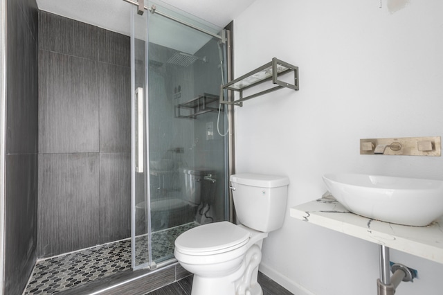 bathroom featuring toilet, a shower with door, and sink