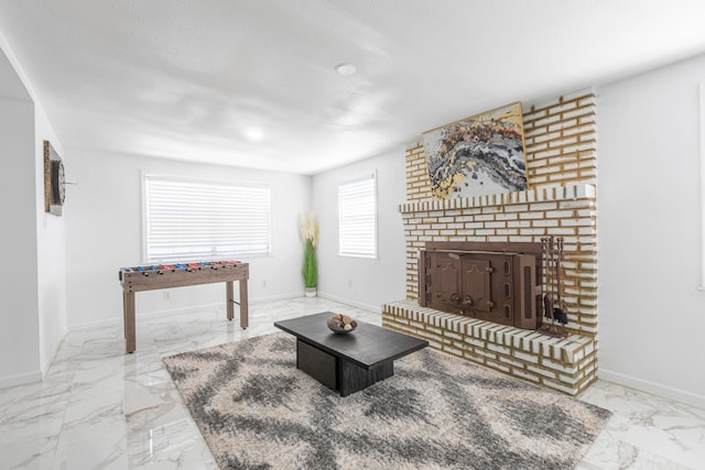 living room with a fireplace