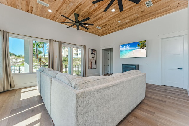 living room with hardwood / wood-style flooring, ceiling fan, and wooden ceiling