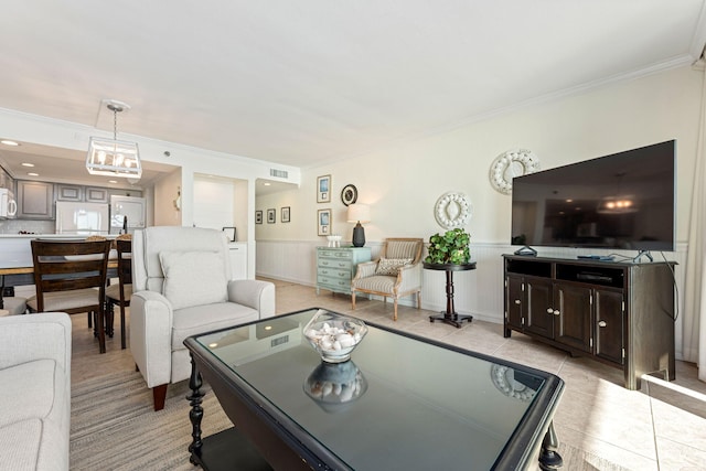 tiled living room with crown molding