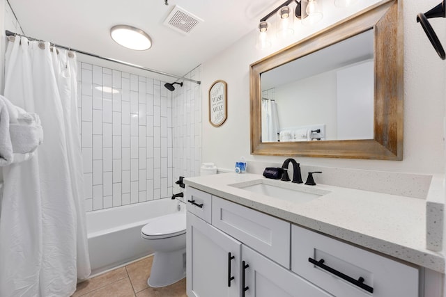 full bathroom with vanity, tile patterned flooring, toilet, and shower / bath combination with curtain