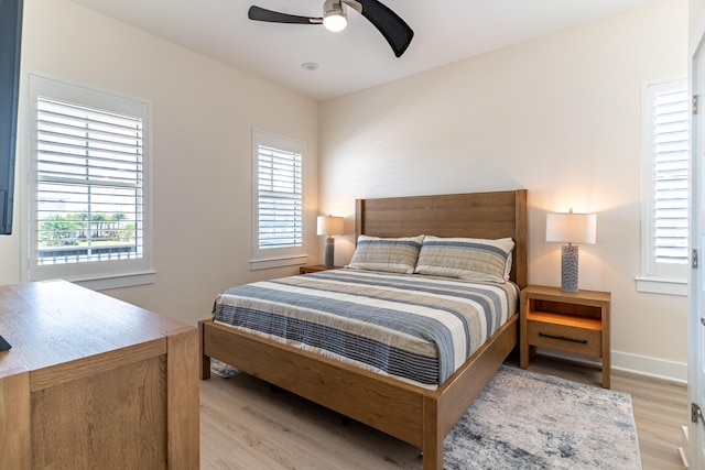 bedroom with ceiling fan and light wood-type flooring