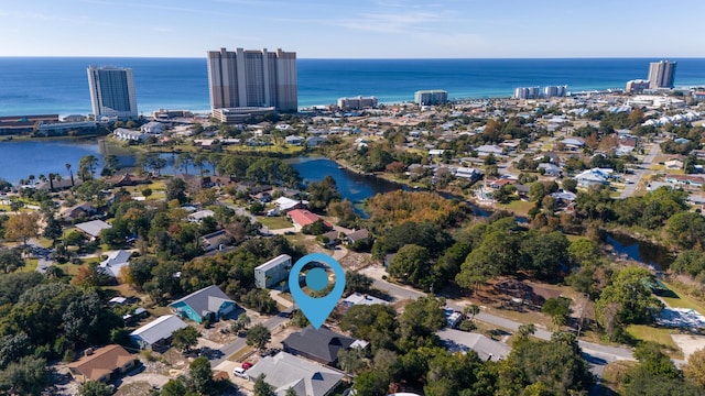 drone / aerial view with a water view