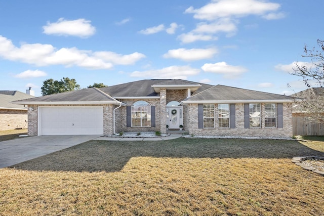 ranch-style house featuring a front yard and a garage