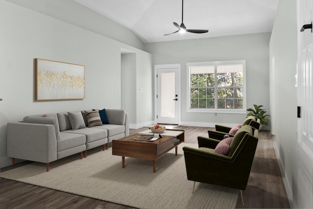 living room with ceiling fan, wood-type flooring, and lofted ceiling