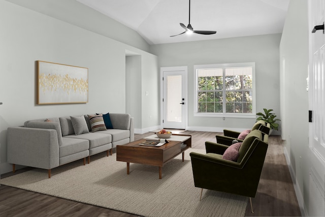 59 Marigot Bay Cir, Miramar Beach, FL 32550 - living room with wood finished floors, a ceiling fan, lofted ceiling, and baseboards