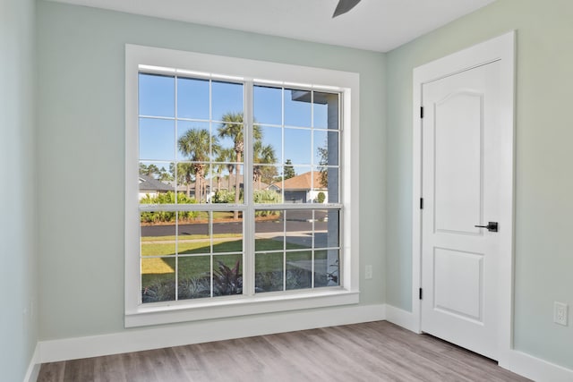 doorway to outside with light wood-type flooring, a wealth of natural light, and ceiling fan