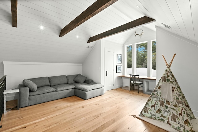 living room featuring wooden ceiling, light hardwood / wood-style flooring, built in desk, and lofted ceiling with beams