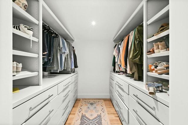 walk in closet with light wood-type flooring