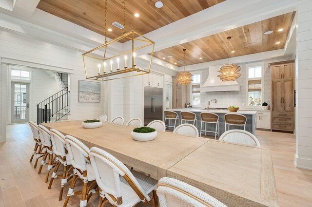 dining room with an inviting chandelier, light wood-type flooring, wooden walls, and wooden ceiling