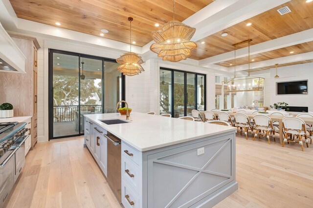 kitchen featuring wood ceiling, pendant lighting, white cabinets, and light hardwood / wood-style floors