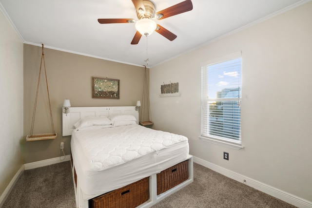 bedroom featuring carpet, ceiling fan, and crown molding