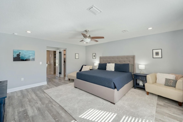 bedroom featuring ceiling fan and light hardwood / wood-style floors