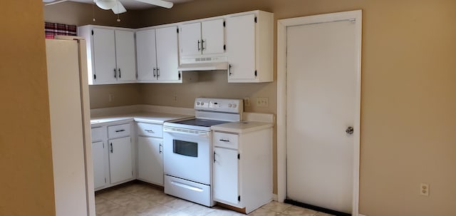 kitchen with white cabinetry, ceiling fan, and white appliances