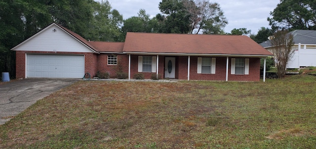 single story home with a front yard and a garage